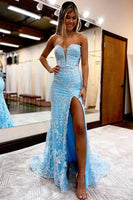 Load image into Gallery viewer, Blue Detachable Sleeves Sweetheart Lace Long Prom Dress with Slit