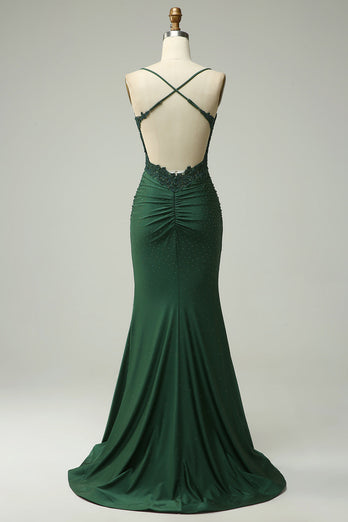 Sparkly Mermaid Dark Green Beaded Long Prom Dress with Appliques