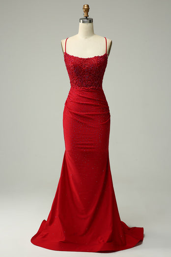 Sparkly Dark Red Beaded Long Prom Dress with Appliques