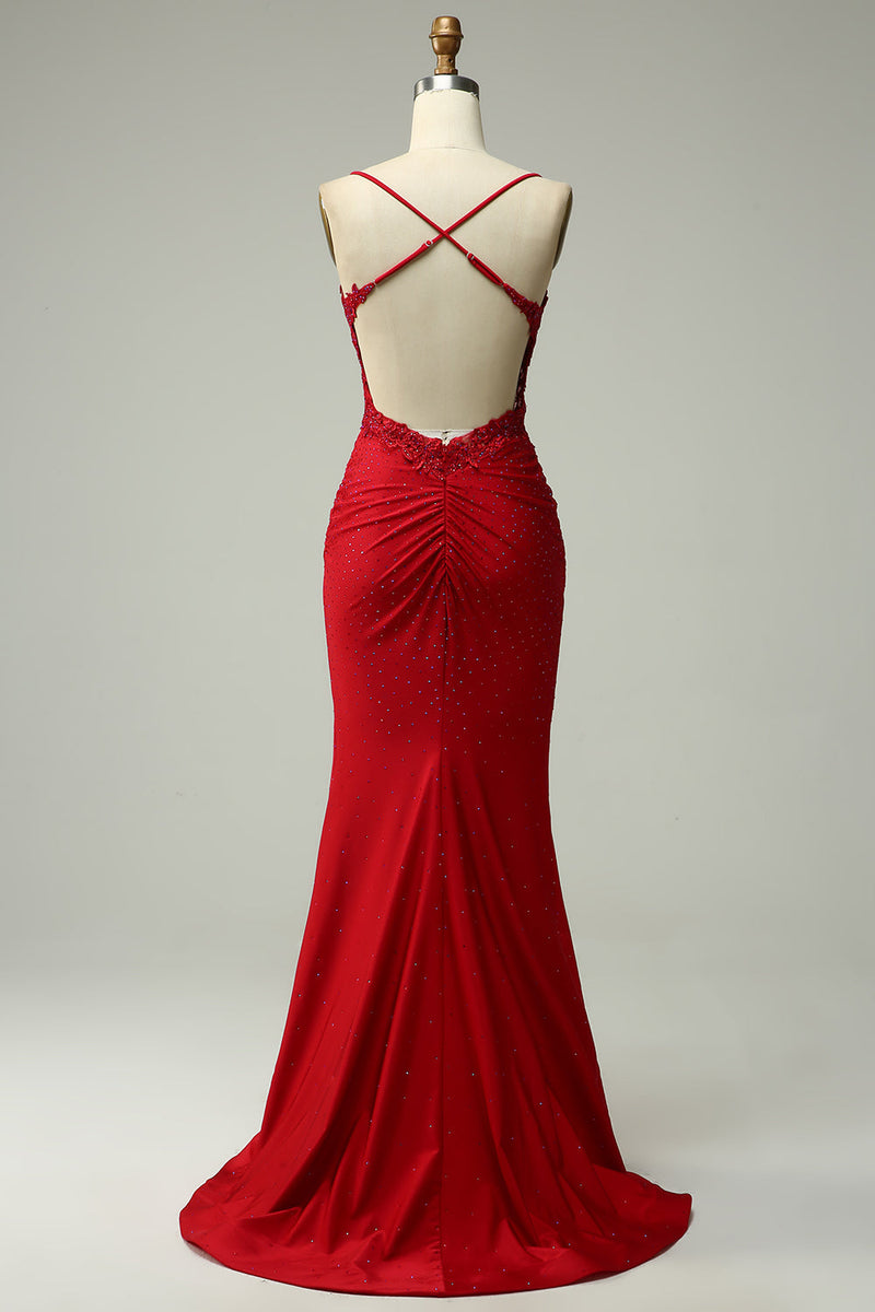 Load image into Gallery viewer, Sparkly Dark Red Beaded Long Prom Dress with Appliques