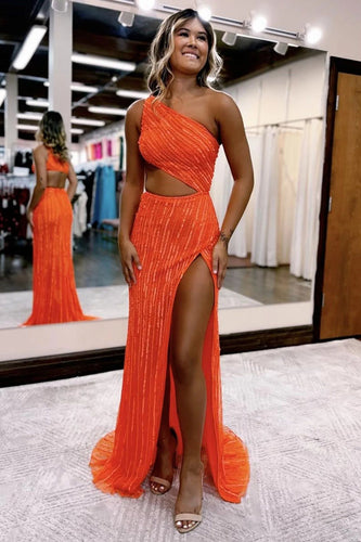 Mermaid One Shoulder Orange Cut Out Prom Dress with Split Front