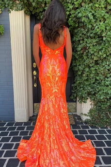 Sparkly Orange Sequin V-Neck Mermaid Long Prom Dress