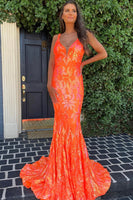 Load image into Gallery viewer, Sparkly Orange Sequin V-Neck Mermaid Long Prom Dress