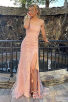 Load image into Gallery viewer, Pink Strapless Lace Long Prom Dress with Slit