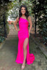 Load image into Gallery viewer, Hot Pink Ruched One Shoulder Sheath Long Prom Dress with Slit
