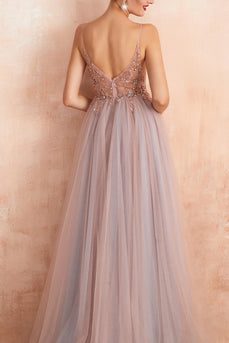 Grey Pink Sheath V-neck Tulle Long Prom Dress With Slit