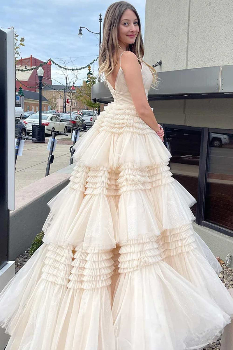 Load image into Gallery viewer, Fuchsia Tulle Spaghetti Straps Long Prom Dress