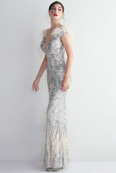 Apricot Silver Sequined Prom Dress With Feathers