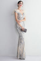 Load image into Gallery viewer, Apricot Silver Sequined Prom Dress With Feathers
