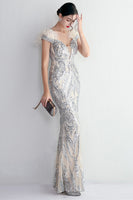 Load image into Gallery viewer, Apricot Silver Sequined Prom Dress With Feathers