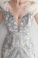 Load image into Gallery viewer, Apricot Silver Sequined Prom Dress With Feathers