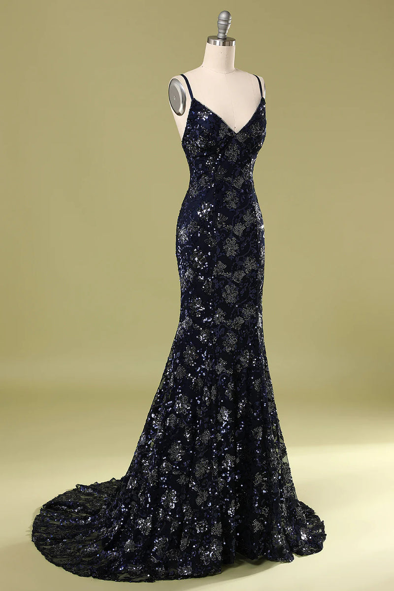 Load image into Gallery viewer, Navy Mermaid Long Prom Dress With Beading Sequins