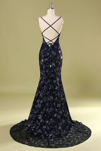 Navy Mermaid Long Prom Dress With Beading Sequins