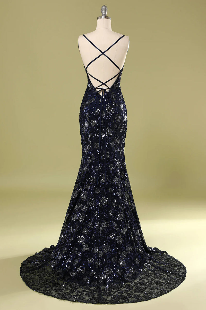 Load image into Gallery viewer, Navy Mermaid Long Prom Dress With Beading Sequins