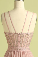 Load image into Gallery viewer, Pink Sheath Tulle Spaghetti Straps Long Corset Prom Dress With Slit