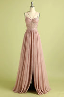 Load image into Gallery viewer, Pink Sheath Tulle Spaghetti Straps Long Corset Prom Dress With Slit