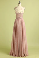 Load image into Gallery viewer, Pink Sheath Tulle Spaghetti Straps Long Corset Prom Dress With Slit