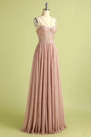 Load image into Gallery viewer, Pink Sheath Tulle Spaghetti Straps Long Corset Prom Dress With Slit