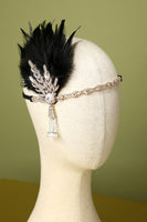 Load image into Gallery viewer, Black Beaded Feather Pearl 1920s Flapper Headband
