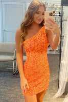 Load image into Gallery viewer, Fuchsia Sequins One Shoulder Homecoming Dress