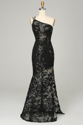 Sheath One Shoulder Red Sequins Long Prom Dress with Split Front