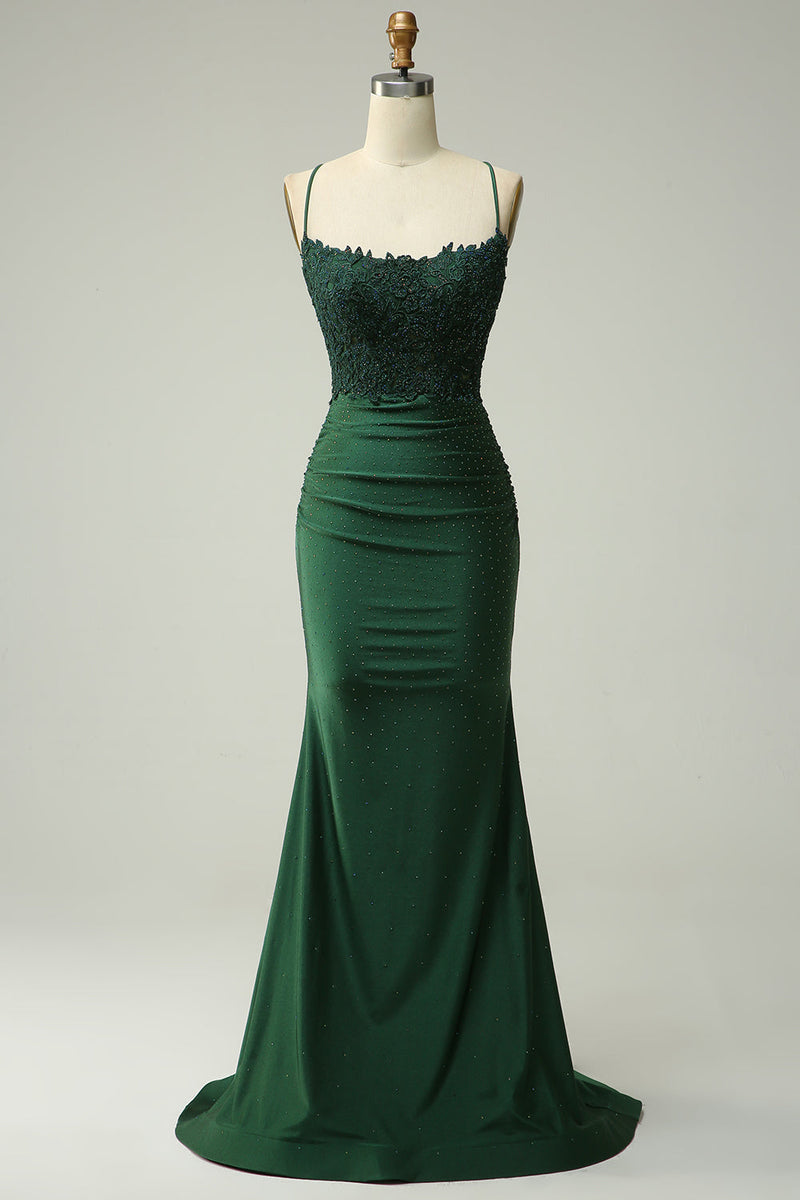 Load image into Gallery viewer, Mermaid Halter Dark Red Prom Dress with Appliques