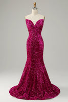 Load image into Gallery viewer, Fuchsia Sweetheart Neck Sequined Mermaid Prom Dress With Sweep Train