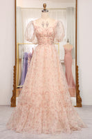 Load image into Gallery viewer, Champagne A Line Square Neck Long Prom Dress With Short Sleeves