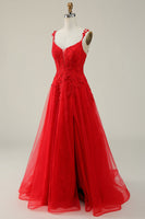 Load image into Gallery viewer, A Line Spaghetti Straps Dark Green Long Prom Dress with Appliques