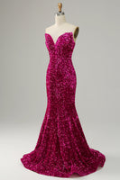 Load image into Gallery viewer, Fuchsia Sweetheart Neck Sequined Mermaid Prom Dress With Sweep Train