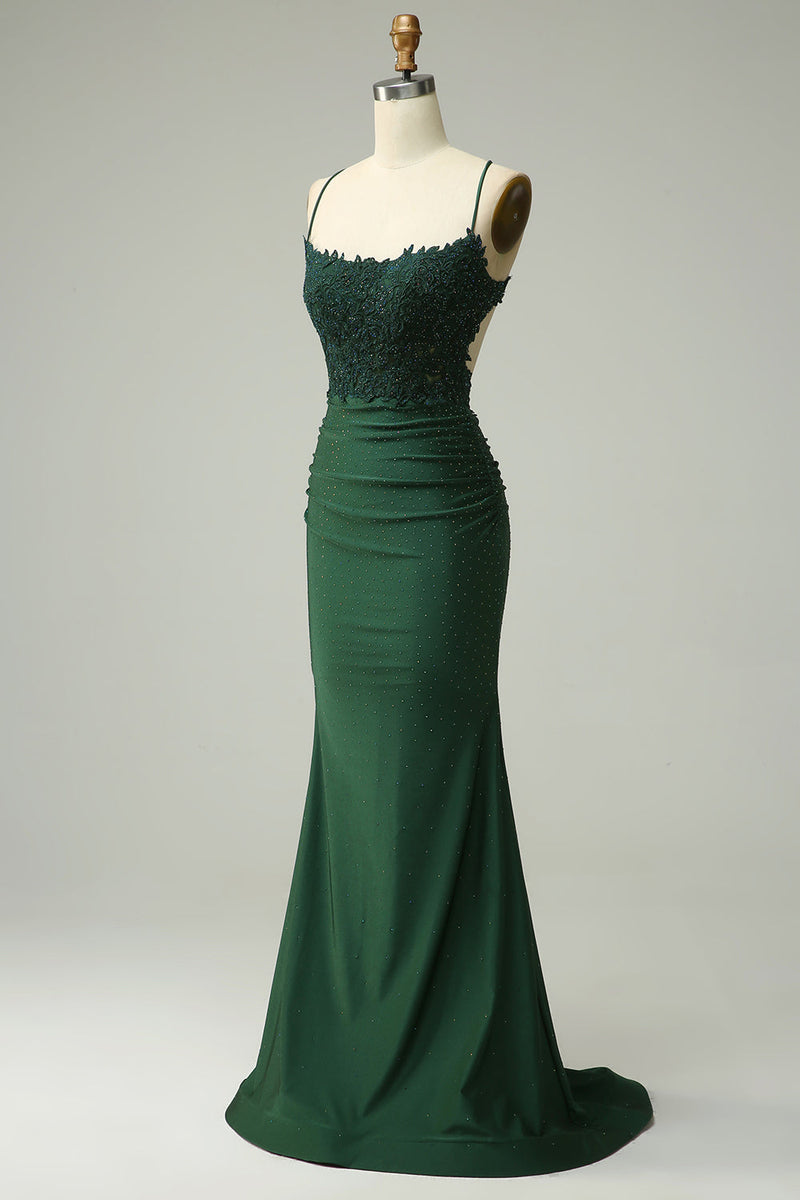 Load image into Gallery viewer, Mermaid Halter Dark Red Prom Dress with Appliques