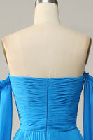 Load image into Gallery viewer, A Line Off the Shoulder Blue Long Prom Dress With Beading