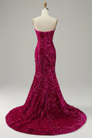 Load image into Gallery viewer, Fuchsia Sweetheart Neck Sequined Mermaid Prom Dress With Sweep Train