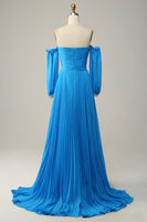 Load image into Gallery viewer, A Line Off the Shoulder Blue Long Prom Dress With Beading