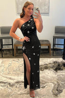 Load image into Gallery viewer, Sheath One Shoulder Black Sequins Long Prom Dress with Silt