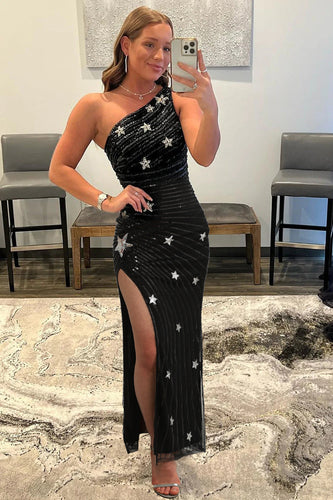 Sheath One Shoulder Black Sequins Long Prom Dress with Silt