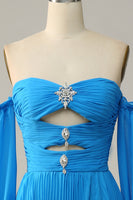 Load image into Gallery viewer, A Line Off the Shoulder Blue Long Prom Dress With Beading
