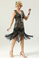 Load image into Gallery viewer, Sparkly Roaring 20s Vintage Black and Gold Sequin 1920s Dress