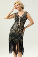 Load image into Gallery viewer, Sparkly Roaring 20s Vintage Black and Gold Sequin 1920s Dress