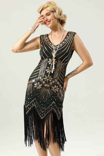 Sparkly Roaring 20s Vintage Black and Gold Sequin 1920s Dress