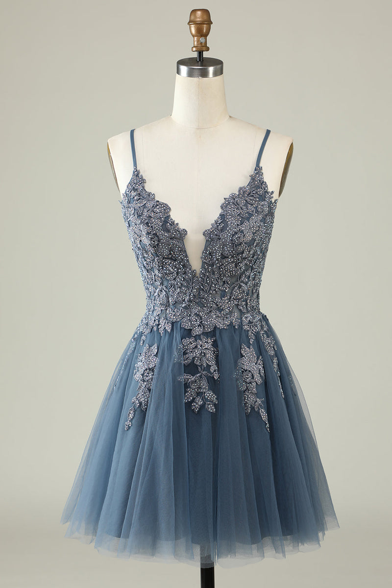 Load image into Gallery viewer, A Line Spaghetti Straps Blush Short Homecoming Dress with Criss Cross Back