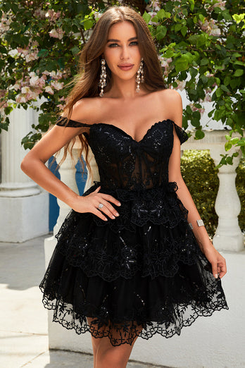 Sparkly Purple A-Line Lace Tiered Short Homecoming Dress