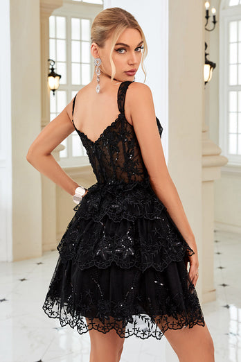 Sparkly Purple A-Line Lace Tiered Short Homecoming Dress