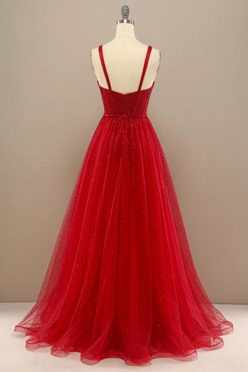 Beautiful Red A Line Tulle Sweetheart Prom Dress with Beading