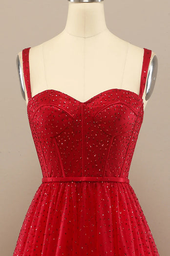 Beautiful Red A Line Tulle Sweetheart Prom Dress with Beading