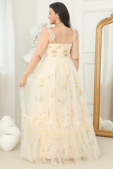Plus Size Champagne Long Prom Dress With Embroidery