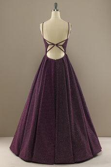 Charming Purple A Line Satin Spaghetti Straps Long Prom Dress With Slit