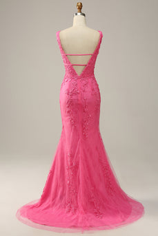 Mermaid Deep V Neck Hot Pink Long Prom Dress with Open Back