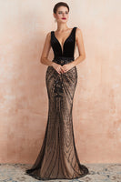 Load image into Gallery viewer, Mermaid Sequins V-Neck Black Prom Dress
