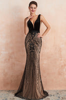 Load image into Gallery viewer, Mermaid Sequins V-Neck Black Prom Dress